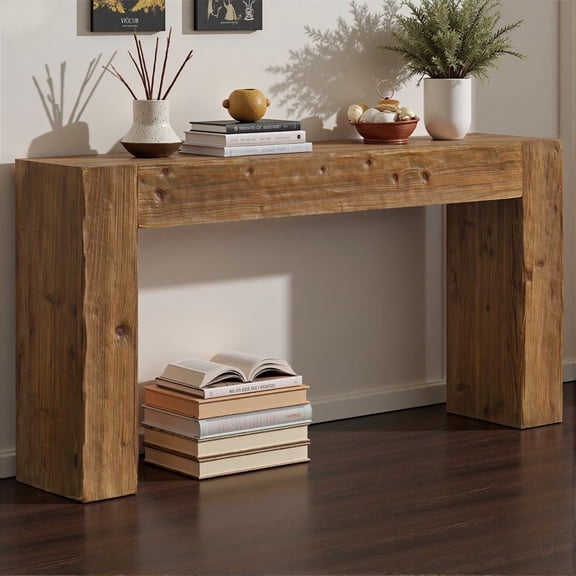 Yardi Yarda Rectangular Rustic Console Table with Solid Wood Desktop and Open Base, 63"L x 11.8"W x 31.5"H Console Table for Indoor, Brown