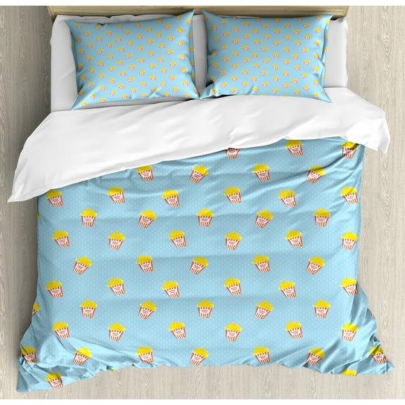 Cartoon Duvet Cover Set, Movie Night Theme Pop Corn Motifs on Polka Dots Background Nostalgic, Decorative 3 Piece Bedding Set with 2 Pillow Shams, Calking Size, Mustard and Pale Blue, by Ambesonne