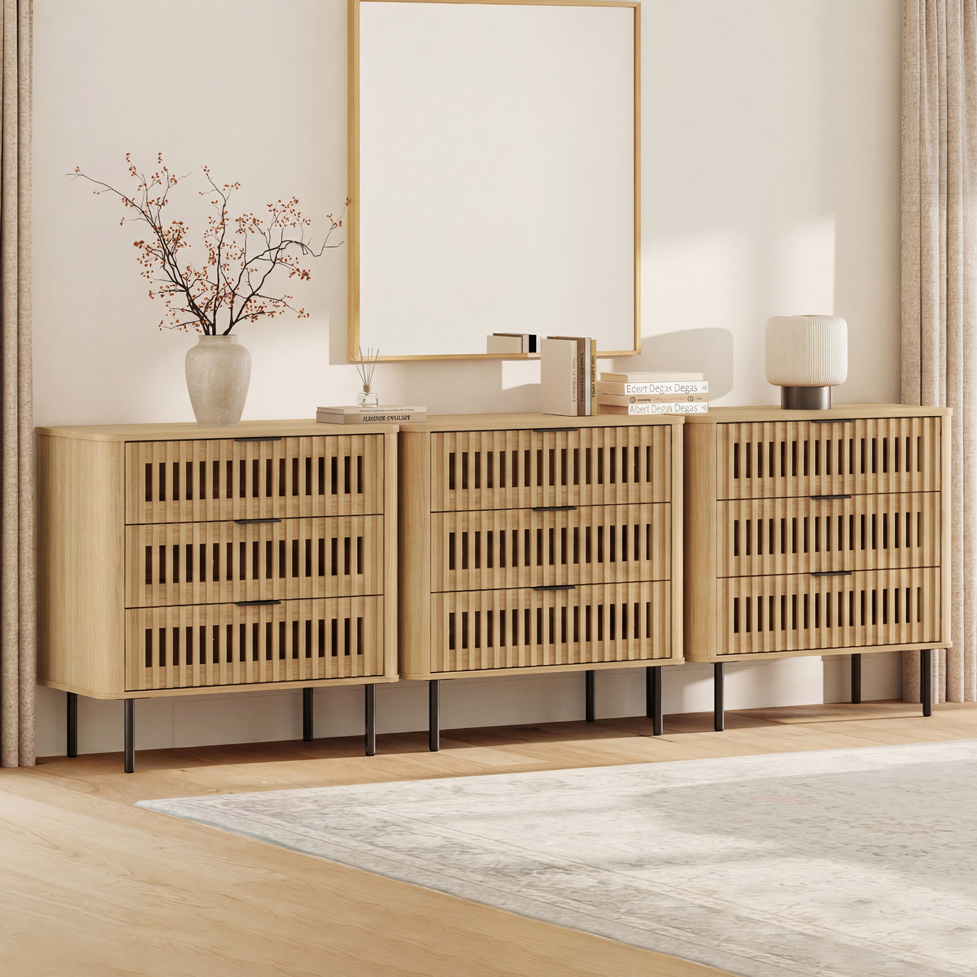 94.5" W Modern TV Stand with 9 Slatted Storage Drawers, Mid-Century Modern Media Console for Living Room/Bedroom, 3 in 1, Oak
