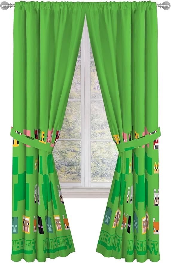 Mojang Minecraft Creeper & Faces 2 Panels Drapes Set - 84 Inch Long - Gaming Kids Room Curtains