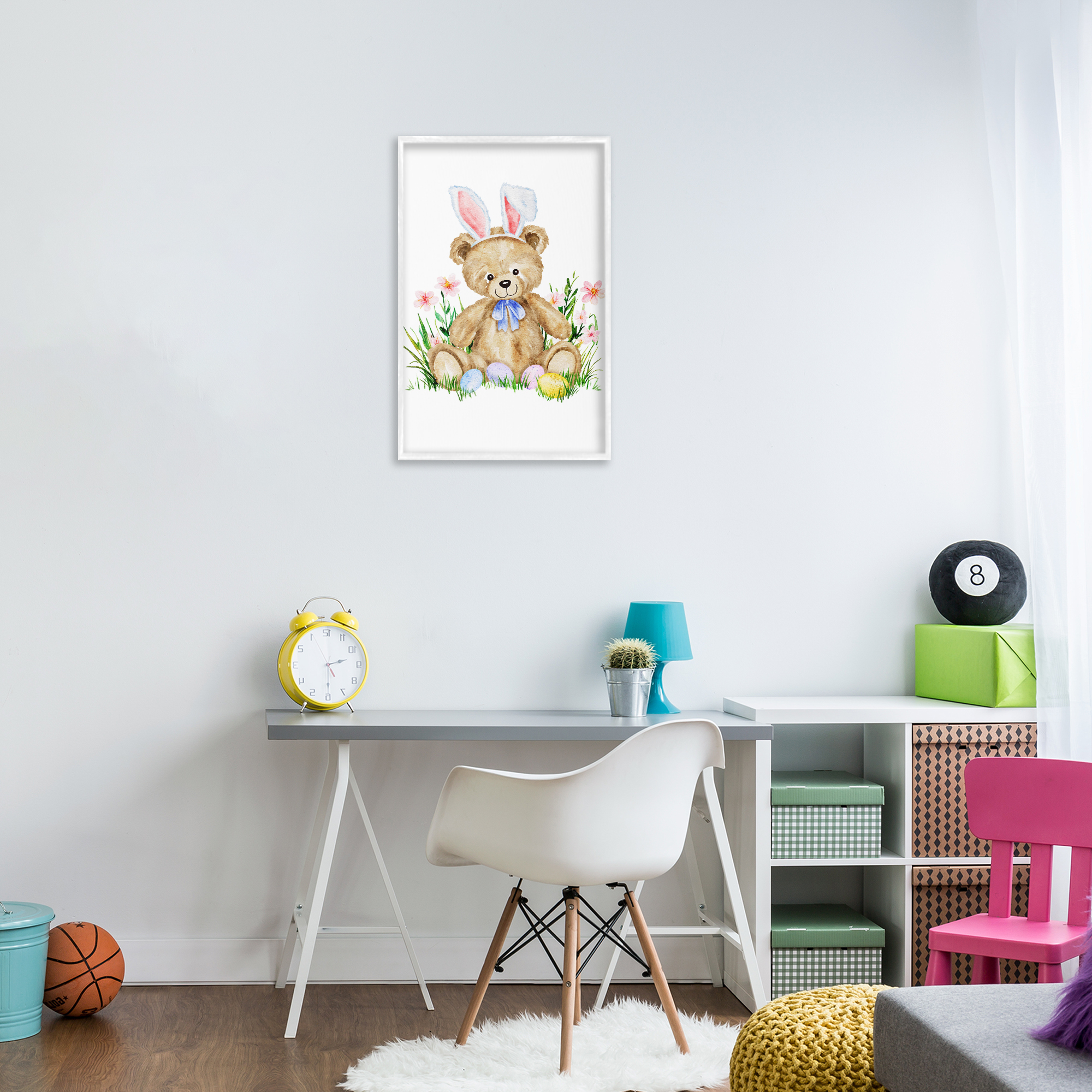 Springy Easter Teddy Bear White Framed Giclee Art, design by Amy Hall