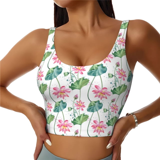 Fotbe Lotus Flower Sujetador Deportivo Largo sin Aros para Mujer con Almohadillas y Soporte Medio, Transpirable y Absorbente, Camiseta Tipo Chaleco o Tank Top-Large