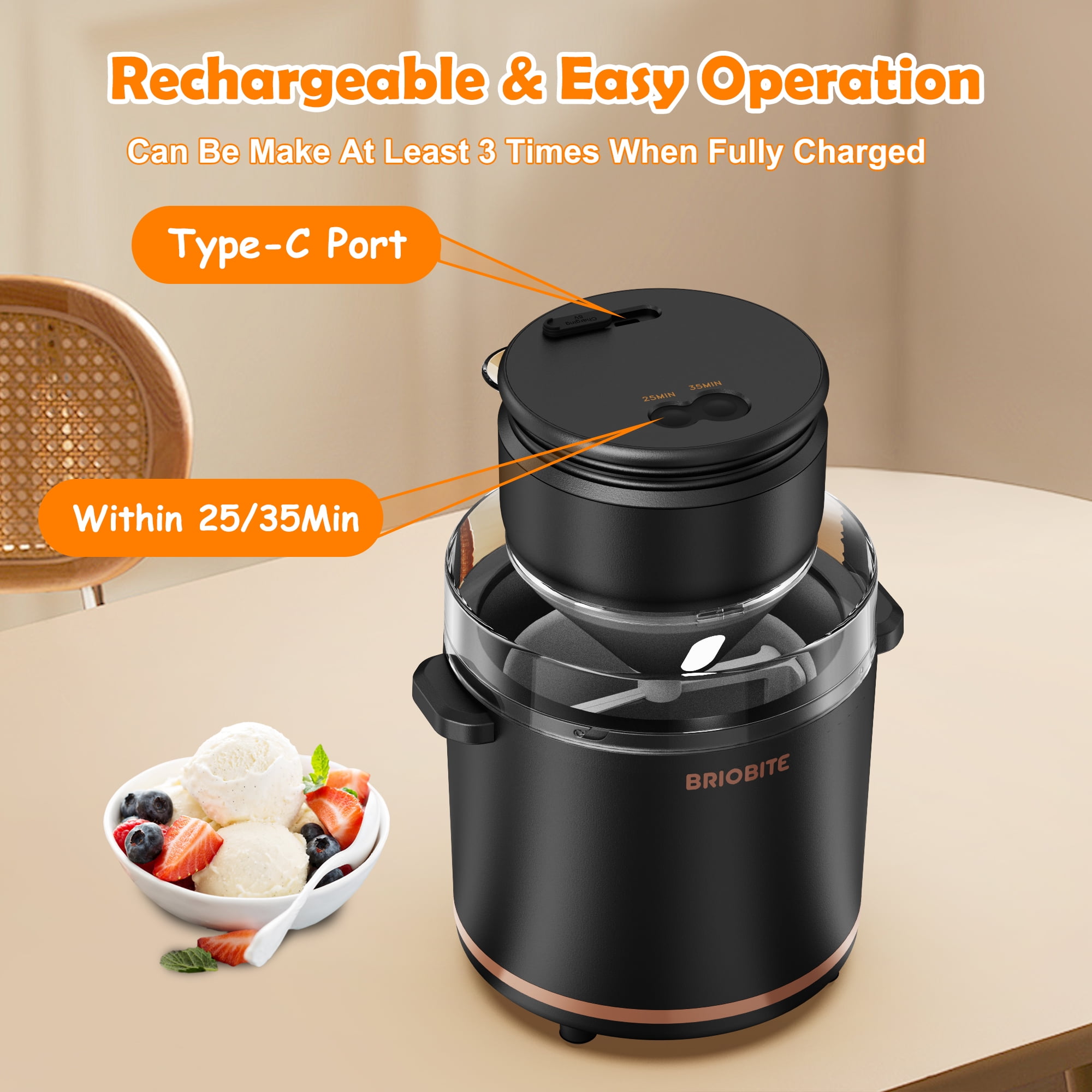 BRIOBITE 1.1 Quart Ice Cream Maker – Electric Ice Cream Machine for Gelato, Milkshakes & Sorbet,Perfect for 2-3 Servings, Easy to Use & Clean,Black
