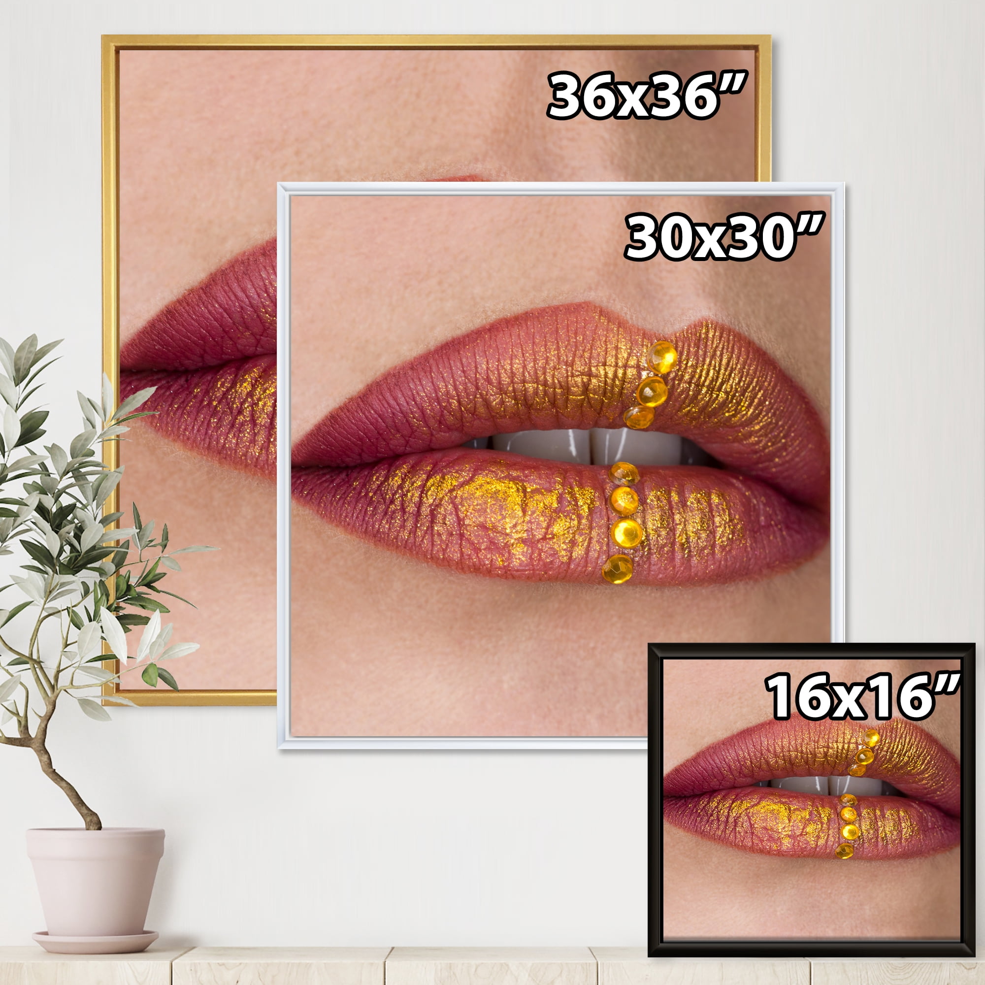 Designart 'Woman Lips Close-Up With Red Lipstick, Gold Paint' Modern Framed Canvas Wall Art Print
