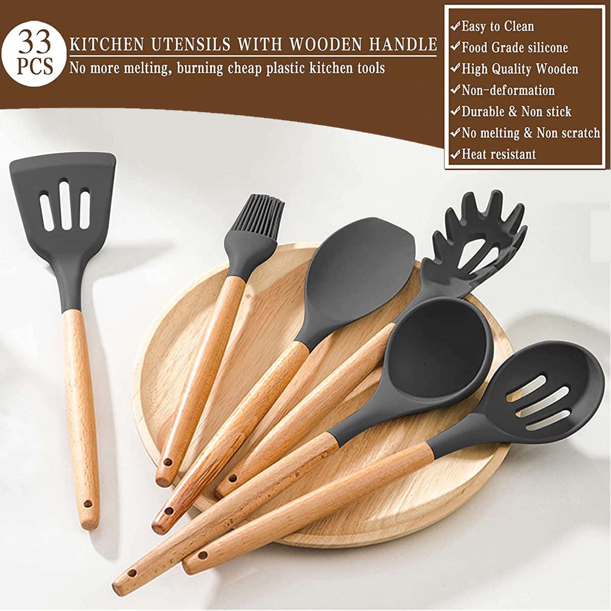 Htovila Silicone Cooking Utensil Set Non-Stick Kitchen Utensils Set 10 Pcs Heat Resistant Kitchen Tools with Wooden Handle, Size: 10.5