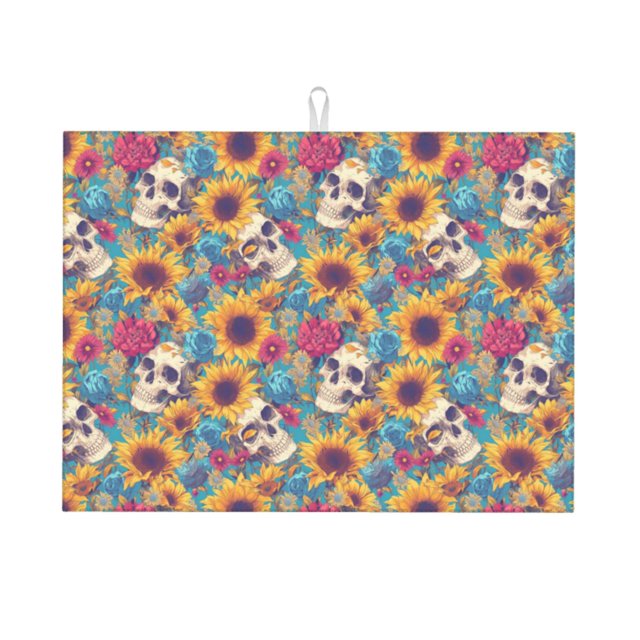 Balery colorful Skull sunflower Alfombrilla de Secado para Cocina, 18x24 Pulgadas, Súper Absorbente para Platos y Encimeras