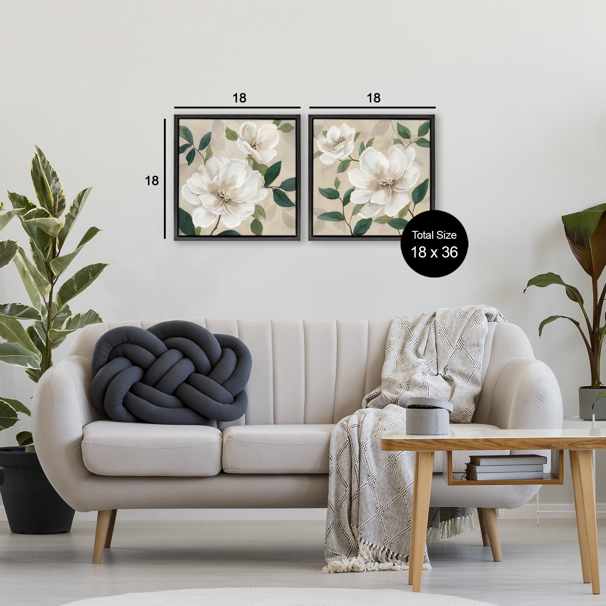 Stupell Industries Serene White Blossoms & Foliage 2 Piece Black Framed Floater Canvas Set, design by Nan