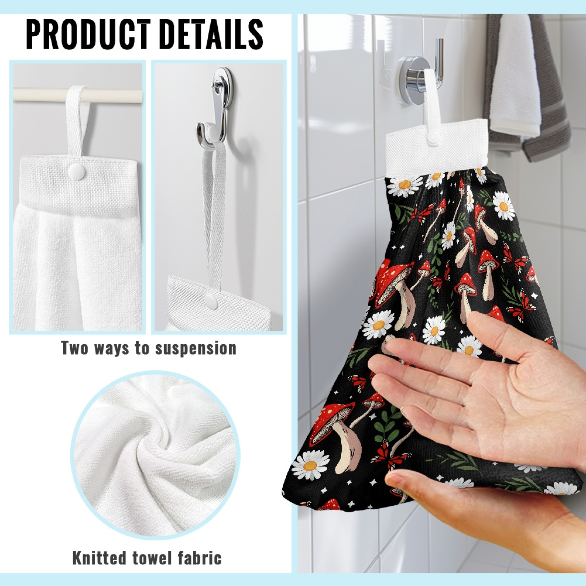 SEANATIVE Mushroom Hand Towels for Bathroom Decorative Set of 3 Aesthetic Hanging Hand Towels for Kitchen Machine Washable Dry Towel Quick Dry Tie Towel with Hanging Loops