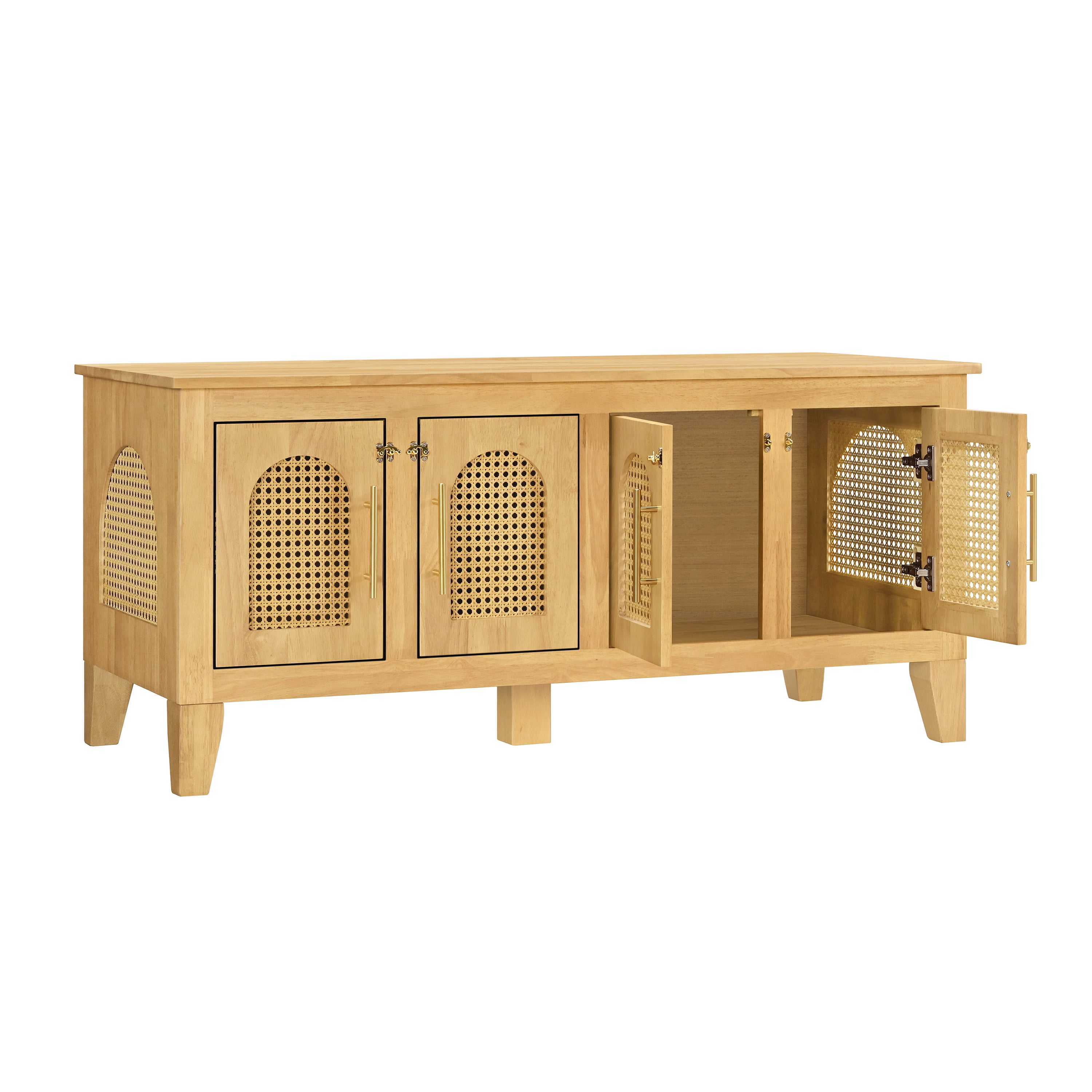 Indoor Rattan Decorated Rubber Wood Dog Crate Cabinet, Pet Kennel with Storage & 4 Doors for Living Room
