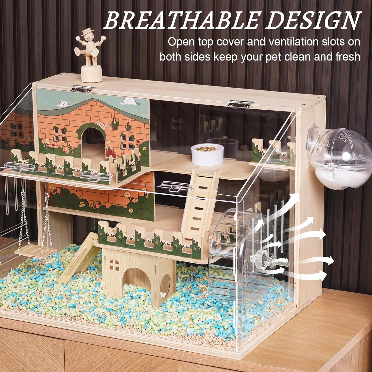 11 in 1 Wooden Hamster Cage with All Accessories, 15.8 Inch 3-Layer Dwarf Hamster Cage Acrylic,Small Animal Cages, Pastoral Style Mouse Cage for Pet Mice, Hedgehog, with Stairs, Fences and Swing