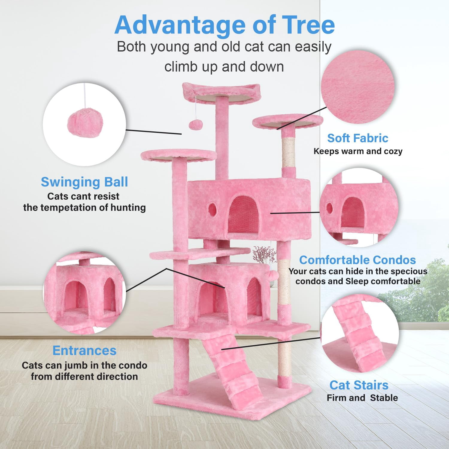 Large Multi-Level Cat Tree, 70 Inches Tall with Sisal-Covered Scratching Posts, Condo, Dangling Ball, and Extended Platform for Cats to Play and Sleep,Pink