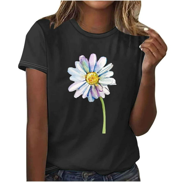 Camiseta de Manga Corta Impresa de Cuello Redondo Casual para Mujeres, 95% Poliéster 5% Elastano Top Ligero para Diario, Fiesta Y Uso