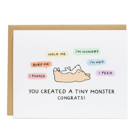Funny Baby Congratulations Card – "You Created a Tiny Monster" with Humorous Illustrations – Perfect for New Parents – Envelope Included