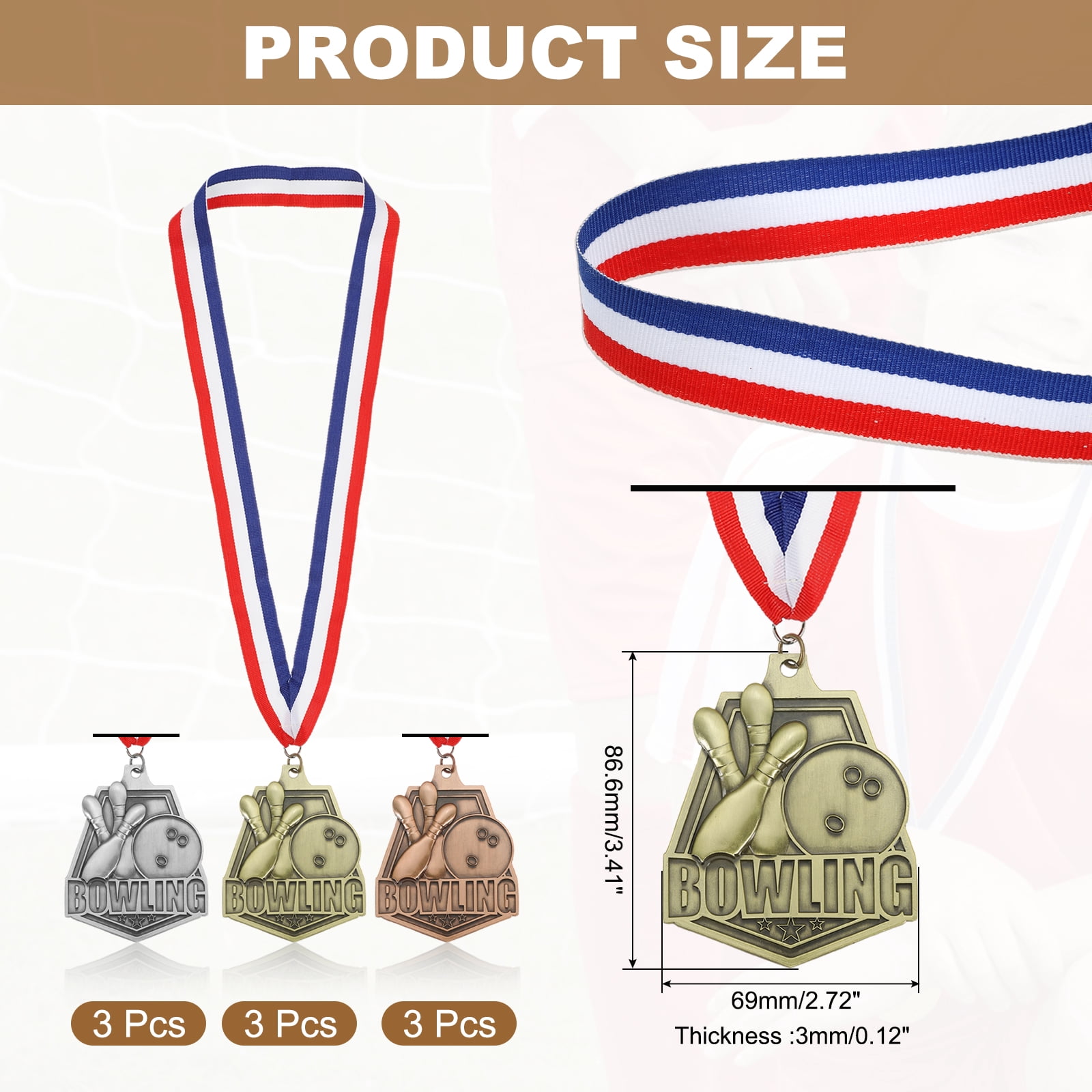 Uxcell Bowling Games Embossing Gold Silver Bronze Award Medals with Red & White & Blue Ribbons, 9 Pcs Winner Medals Prizes for Competitions Sports Party, Gold/Silver/Red
