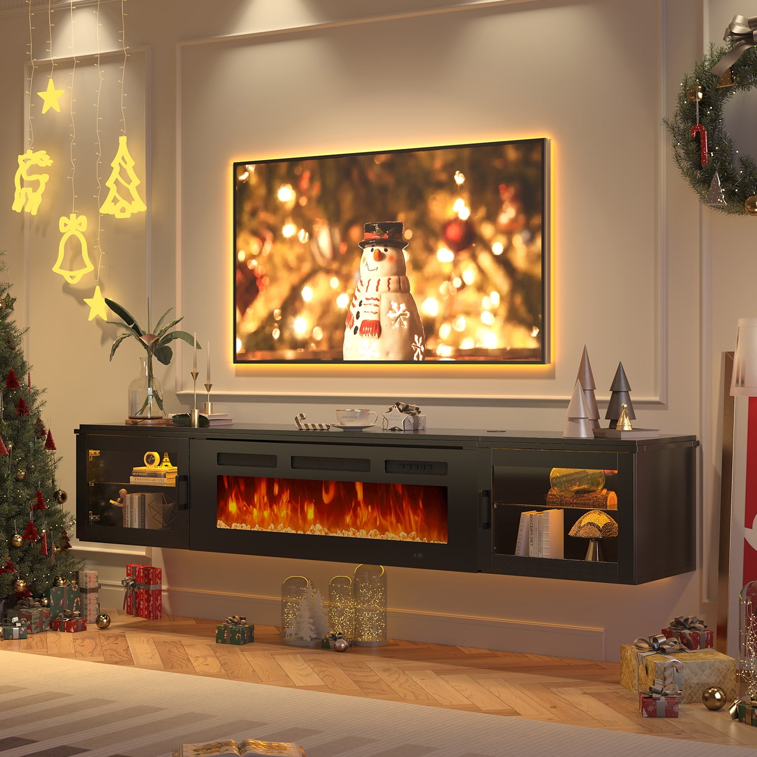 Sonegra 70" Floating TV Stand with 36" Electric Fireplace, High Gloss Finish Wall Mounted Fireplace Entertainment Center with Storage for TVs Up to 80", Black