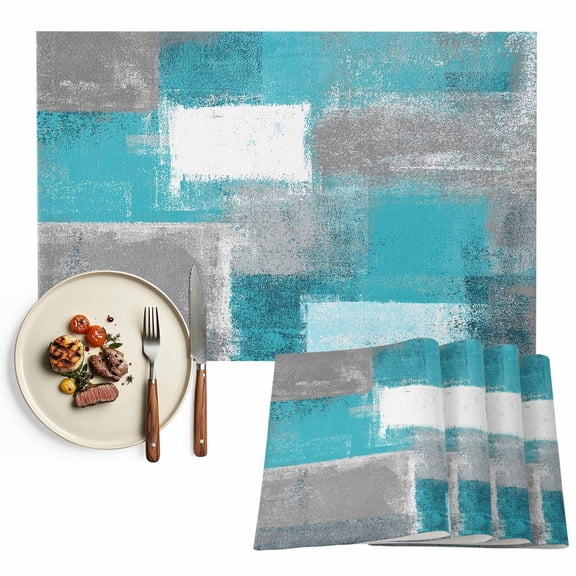Placemats Set of 4, Teal Blue Oil Painting Place Mats Abstract Graffiti Art Tablemats Washable Placemat Table Decoration for Kitchen Table Dinner Party Home Decor Indoor Outdoor 13x19 Inch