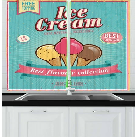 Ice Cream Curtains 2 Panels Set, Best Flavor Collection Quote with Free Topping Children Design, Window Drapes for Living Room Bedroom, 55W X 39L Inches, Seafoam Pink Pale Yellow, by