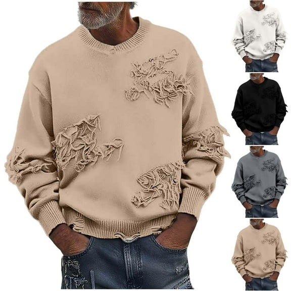 Miluxas Men's Distressed Sweater Crew Neck Long Sleeve Pullovers Knit Top Streetwear Khaki XL(XL)