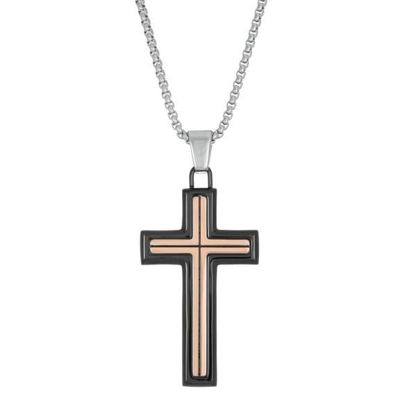 Metro Jewelry Stainless Steel Cross Pendant Necklace for Men with Black and Rose Ion Plating on 24 Inches Long Box Chain with Lobster Claw