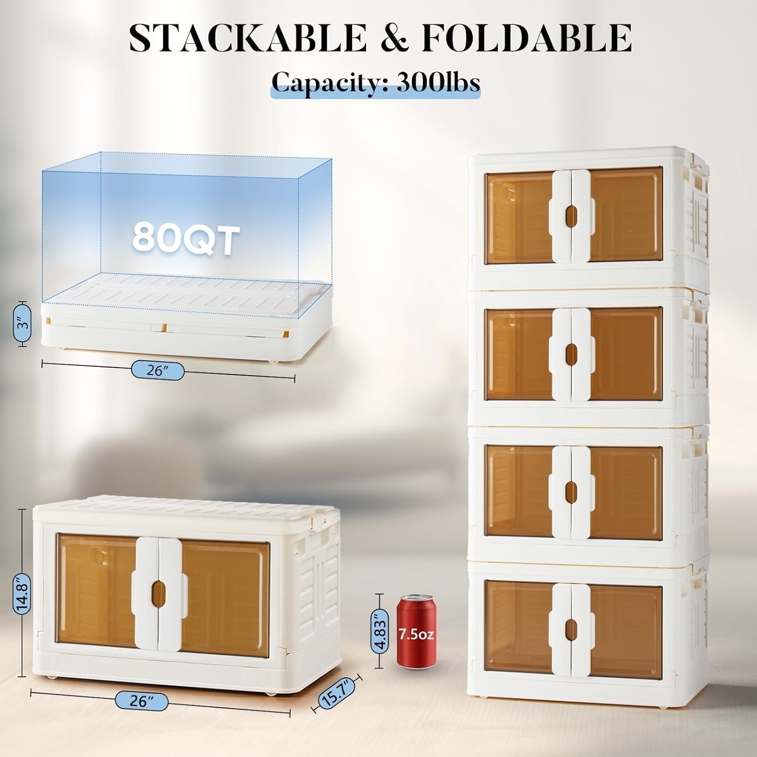 Gianna X-Large Size Foldable Storage Bins, Portable Stackable Plastic Storage Boxes for Home Office, 3 Tier