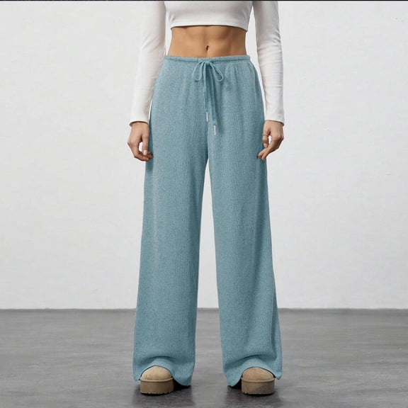 PNTUTB Women's Casual Solid Color Lightweight Drapey Elastic Waist Drawstring Relaxed Comfortable Wide Leg Pants