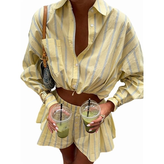 Women 2 Piece Outfits Striped Long Sleeve Button Down Collared Shirt Matching Shorts Sets Yellow M