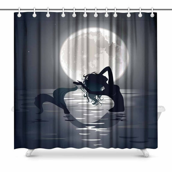 SUNENAT Beautiful Silhouette of Mermaid Singing at Night Waterproof Shower Curtain, Bathroom 72(Wide) x 72(Height) Inches