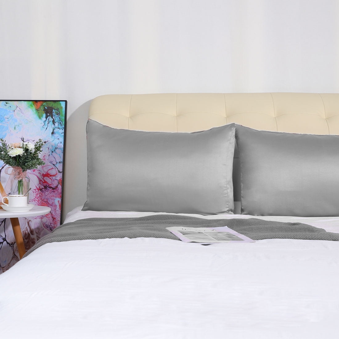 Unique Bargains Silky Satin Pillow Cases Covers Set of 2 Gray King