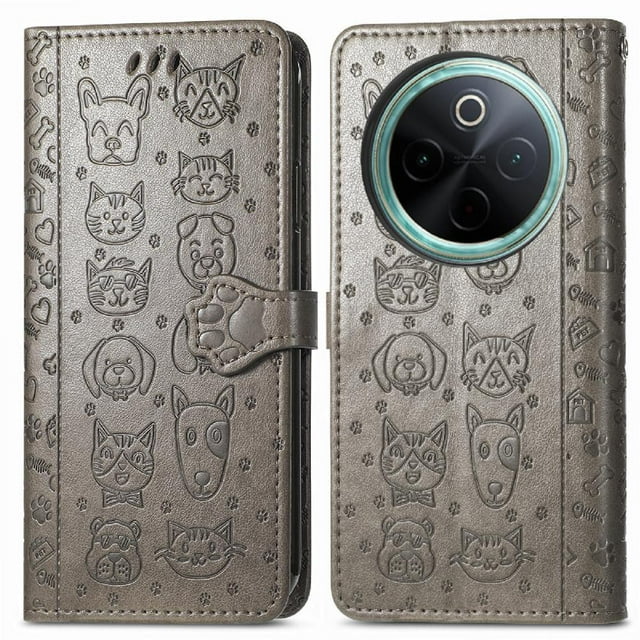 Étui Rabattable pour FOXDOCK Vivo Y300 Pro, Chat et Chien en Cuir PU Embossé avec Fentes pour Cartes, Support