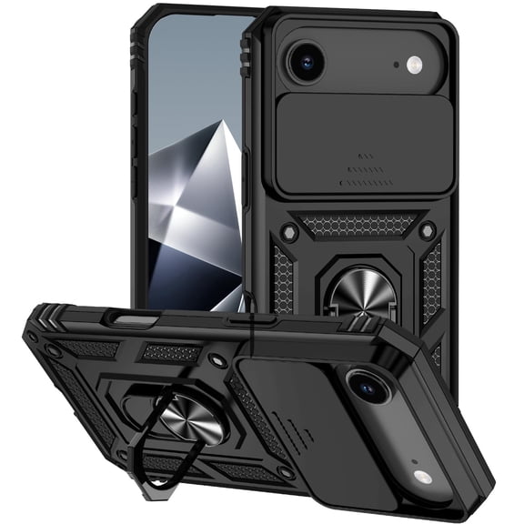 Shockproof Phone Case compatible with Apple iPhone 17 Air, TPU PC Back Cover with Slide Camera Cover, Built-in 360 Rotate Ring Kickstand
