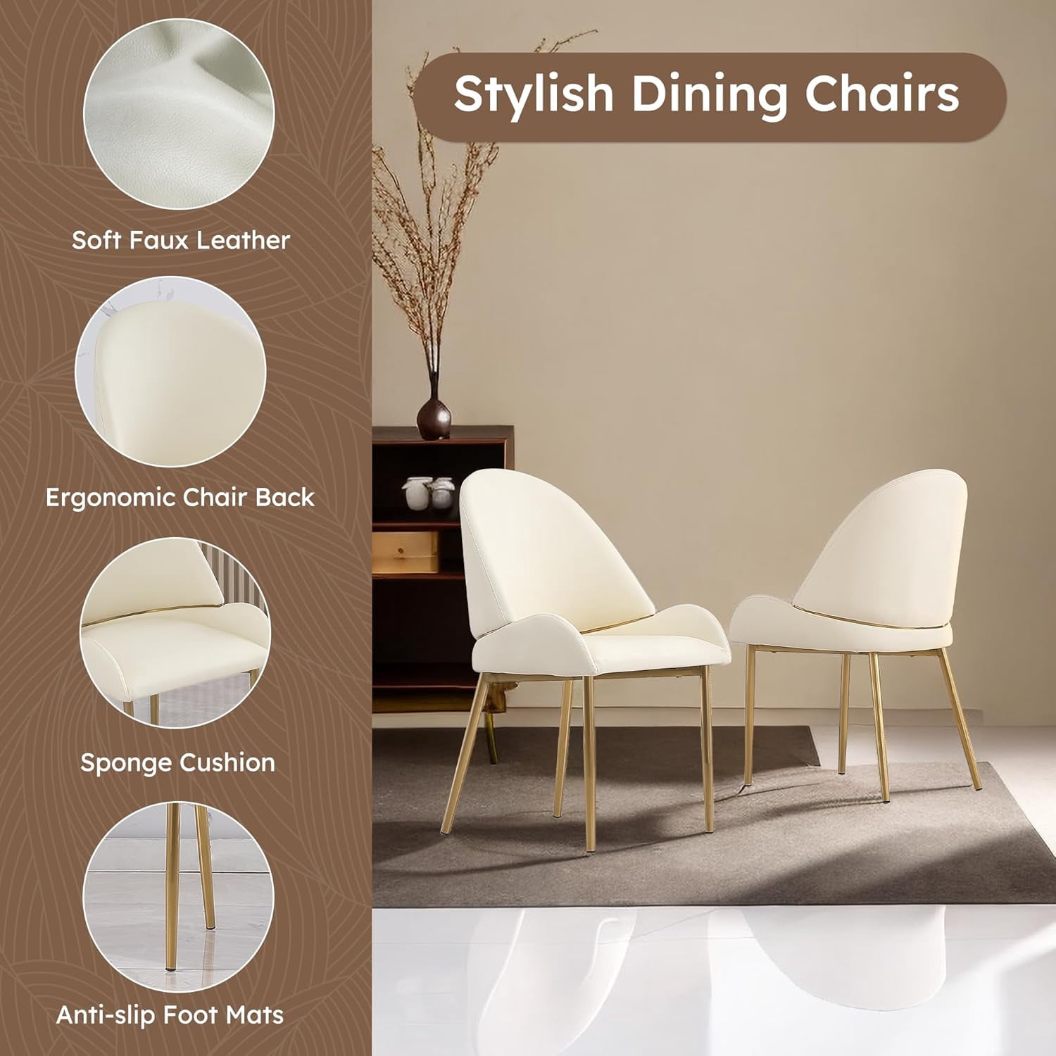 Montary Contemporary Dining Chairs Set of 2 - Waterproof PU Leather Seats, Beige Metal Legs for Kitchen/Office