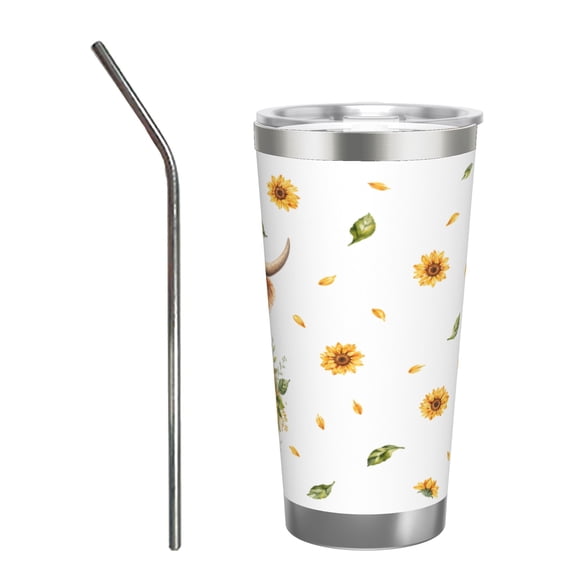 20oz Highland Cow Tumbler with Handle and Straw Sunflower Floral Farmhouse Stainless Steel Insulated Travel Coffee Cup Gift with Stainless Steel Straw