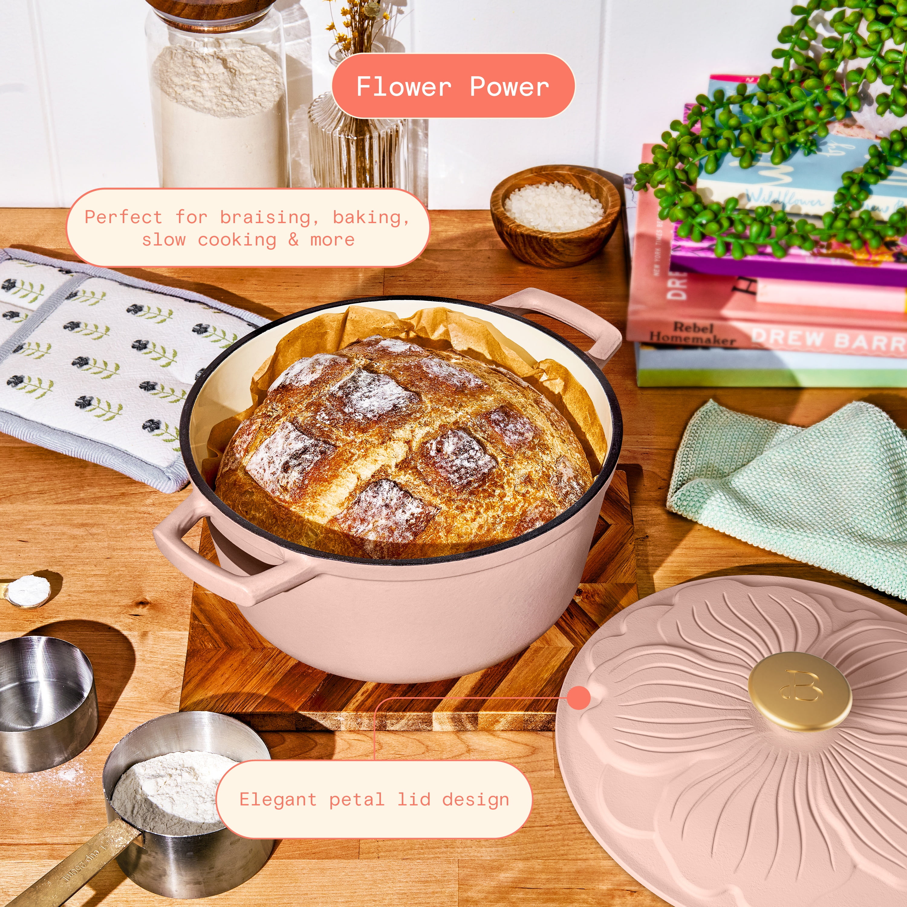 Beautiful 4 Quart Enameled Cast Iron Round Dutch Oven with Petal Design Lid, Rose by Drew Barrymore