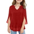 thumbnail image 2 of ZHOGXU Toddler Kids Girls Top 3/4 Sleeve V Neck Sequins Mesh Layered Comfortable Fashion Tee For Casual Daily Wear,Red,3-4 Years, 2 of 4
