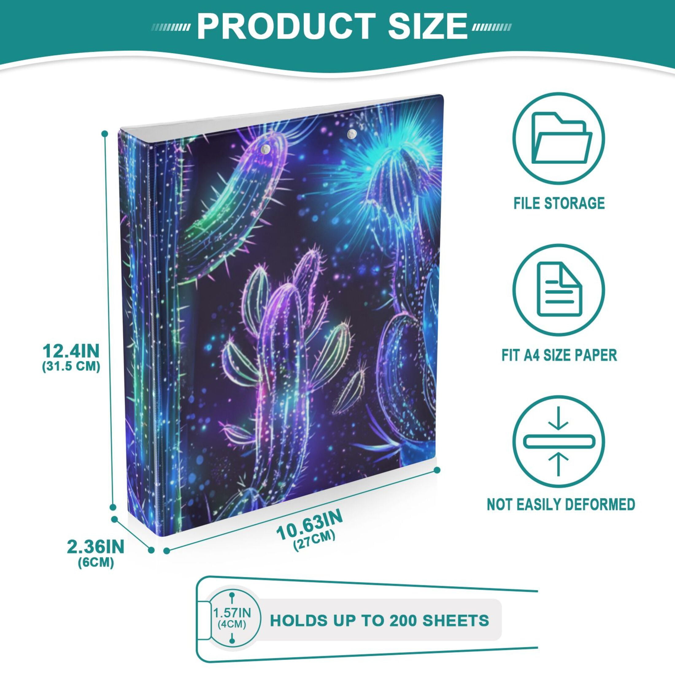 Glowing Cactus Flowers 3 Ring Binders 1.5 inch Hardcover File Folders with Interior Pockets A4 Size Organizer for School Office Hospital