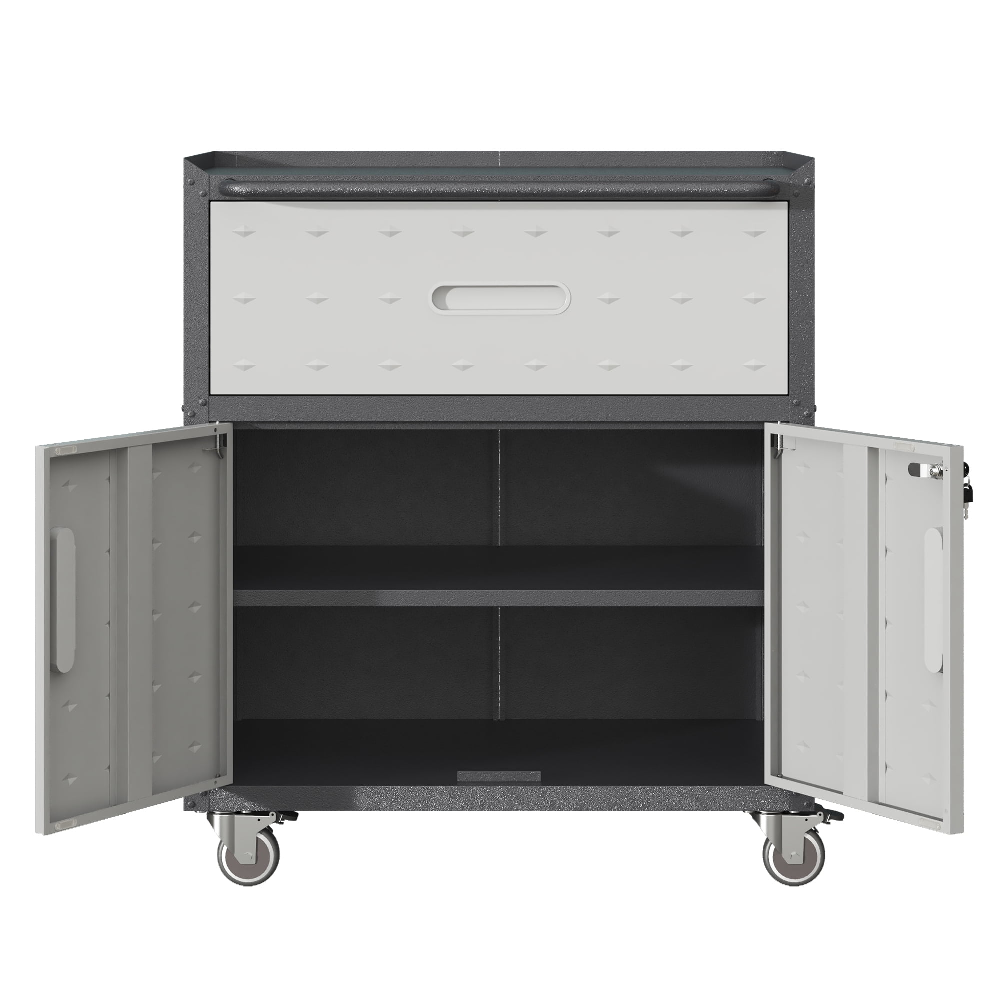 Sturdy and Durable Metal Tool Cabinet for Garage with Wheels, Mobile Heavy-Duty Storage Cabinet with 1 Drawer and 2 Locking Doors, Rolling Tool Storage Cabinet, Black and Gray