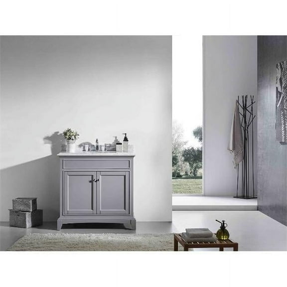 Elite Stamford 36 Inch Gray Solid Wood Bathroom Vanity Set with Double OG White Carrera Marble Top & White Undermount Porcelain Sink