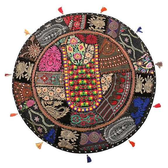 Stylo Culture Ethnic Round Throw Pillows For Bed Vintage Patchwork Floor Cushion Cover Black Large 28x28 Decorative Decor Seating Tuffet Seat Pouf Cover Footstool Cotton Embroidered 1 Pc