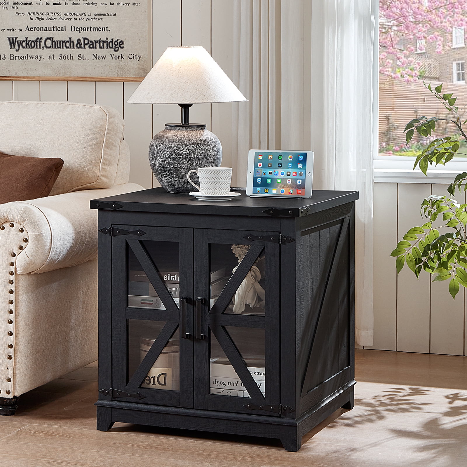 Side Table with Charging Station, End Table with Storage Night Stand with USB Ports and Outlets Small Wooden Cabinet for Living Room and Bedroom Espresso, Black