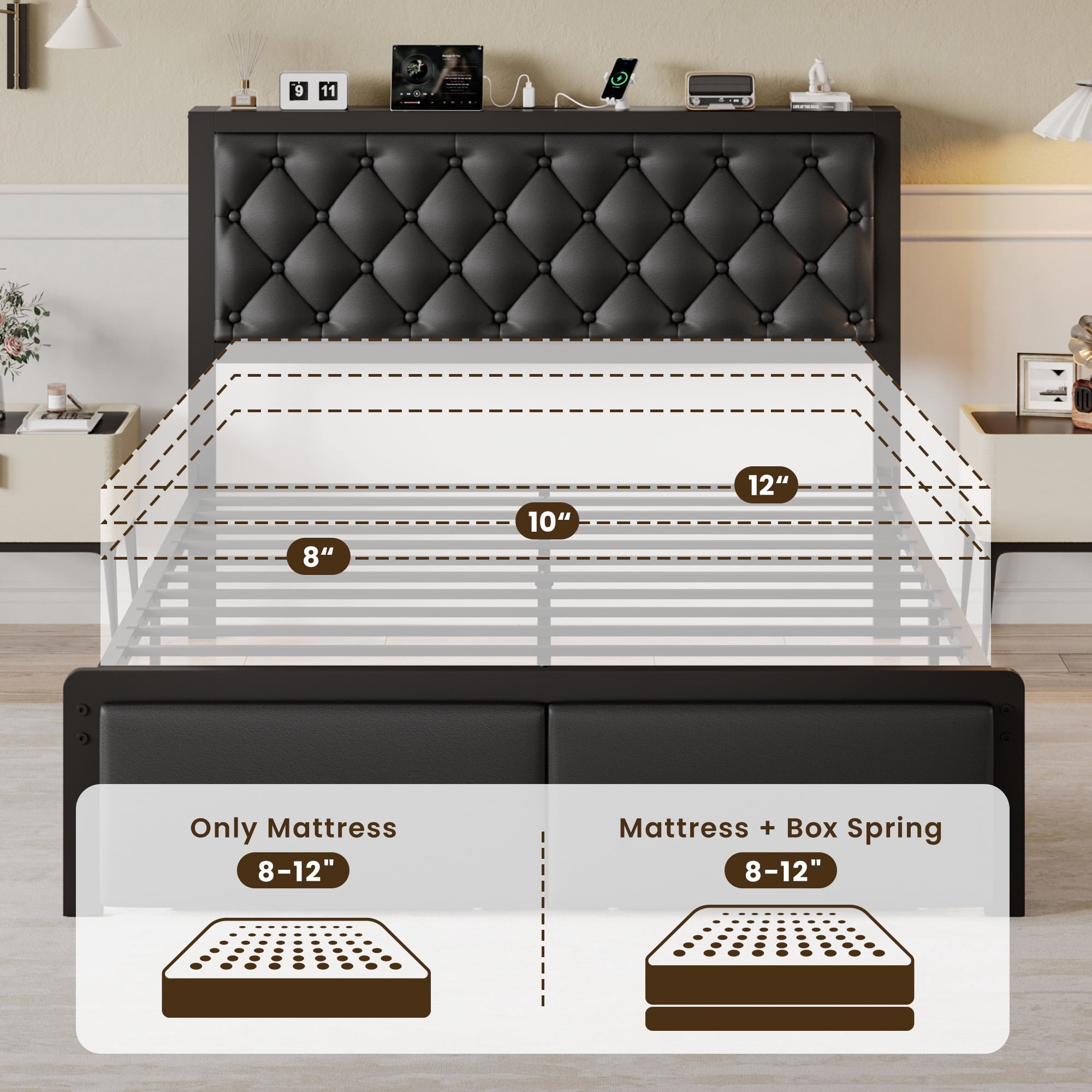 lifezone Bed Frame with Leather Upholstered Headboard, Lockable Storage, Queen Size, Black