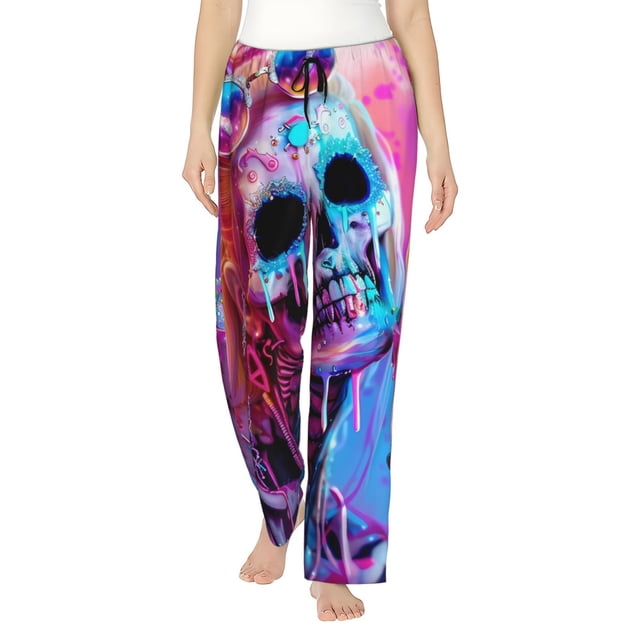 Fotbe Neon Skull With Milkshake Pantalones de Pijama para Mujer, Pantalones de Dormir, Pantalones Pj con Cordón y Bolsillos-XX-Large