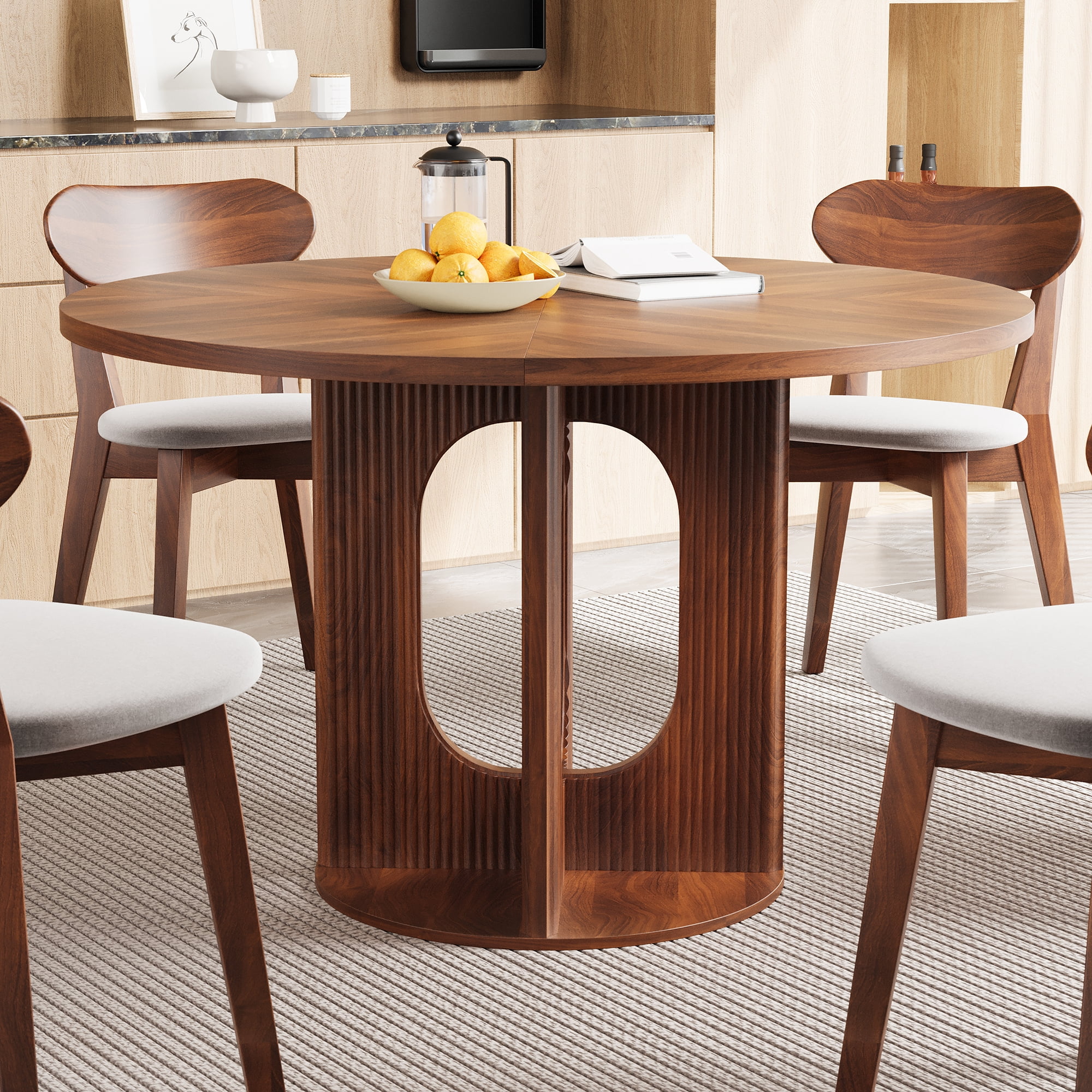 PHOYAL 47 inch Round Dining Table, Circle Kitchen Table for 4-6, Large Wood Dinner Table, Wooden Fluted Pedestal Dinning Table for Dining Room, Mid Century Modern Style, Walnut
