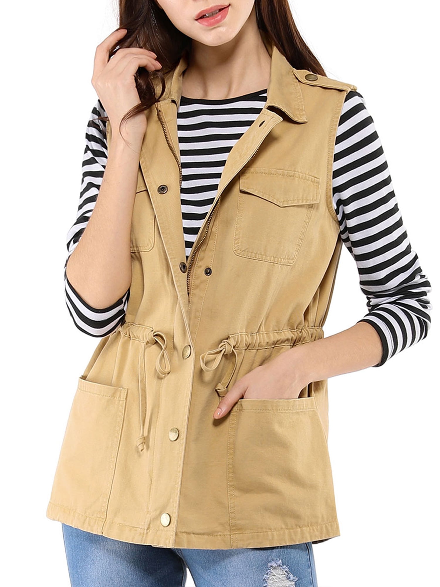 DARING DIVA Women Functional Pockets Drawstring Waist Cargo Vest S Khaki