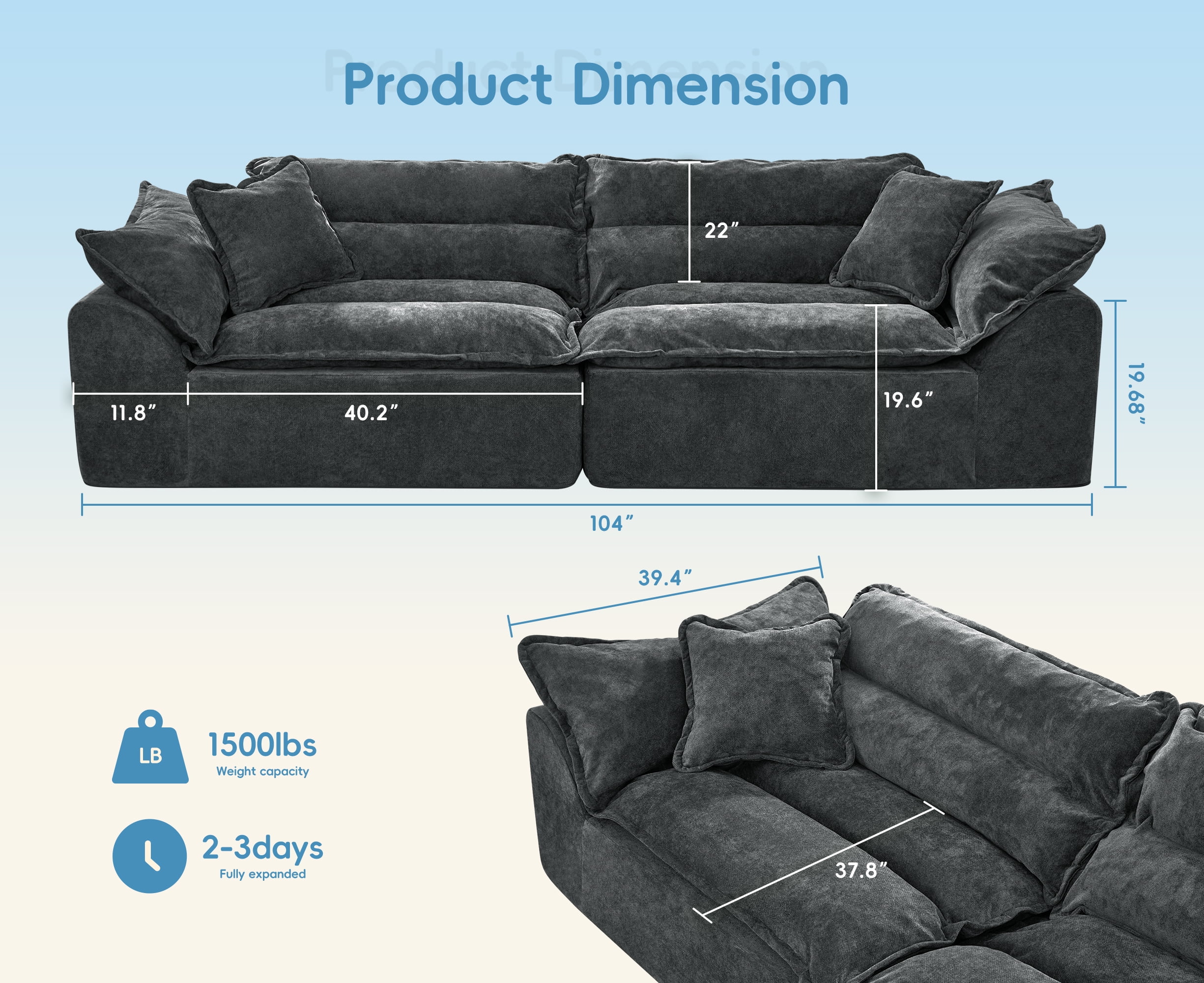 Hobestluk 104" Sectional Sofa Couches 3 Seater Modular Sofa, Cloud Couch with Removable Cushion, Boneless Couch, Modular Sectional Couches for Living Room (Dark Grey)