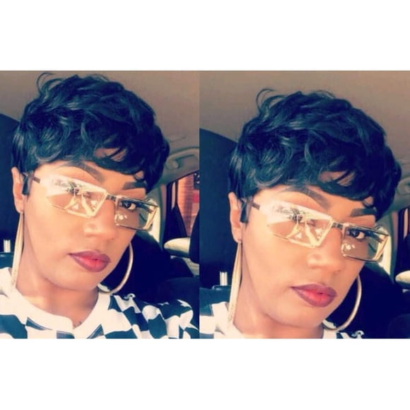 AmPm Short Wavy Synthetic Hair Wigs Pixie Cut Wigs for Black Women Short Black Cute Curly Pixie Wigs 1B Color
