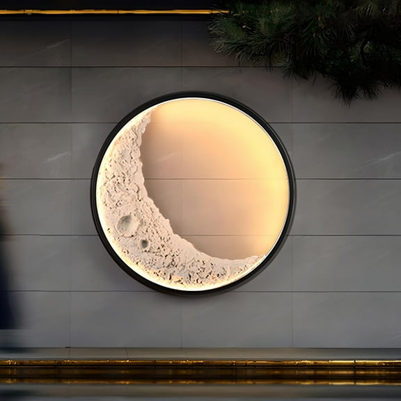 Outdoor Moon Wall Light 24.4 Inch Modern LED Exterior Waterproof Dimmable Moon Wall Sconce Black Round Porch Patio Wall Mount Decorative Lamp for Outdoor/Indoor Plug in
