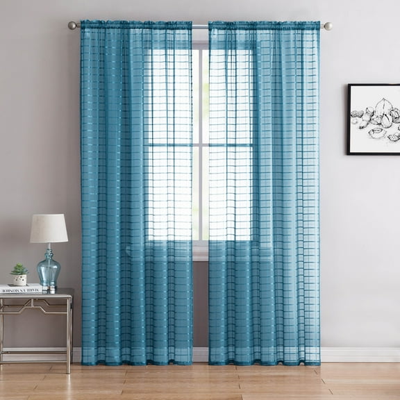 Single (1) Sheer Rod Pocket Window Curtain Panel: 55" W X 84" L, Plaid/Check Design (Teal)