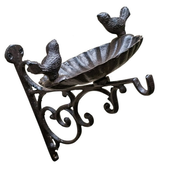 LEORX Cast Iron Pedestal Bird Bath with Brown Wall Mounted Hook for Garden Display