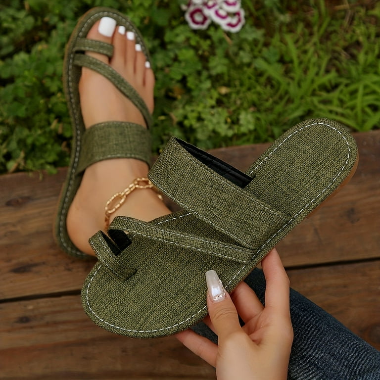 Women's Toe Loop Slip On Slide Sandals, Denim Color Flat