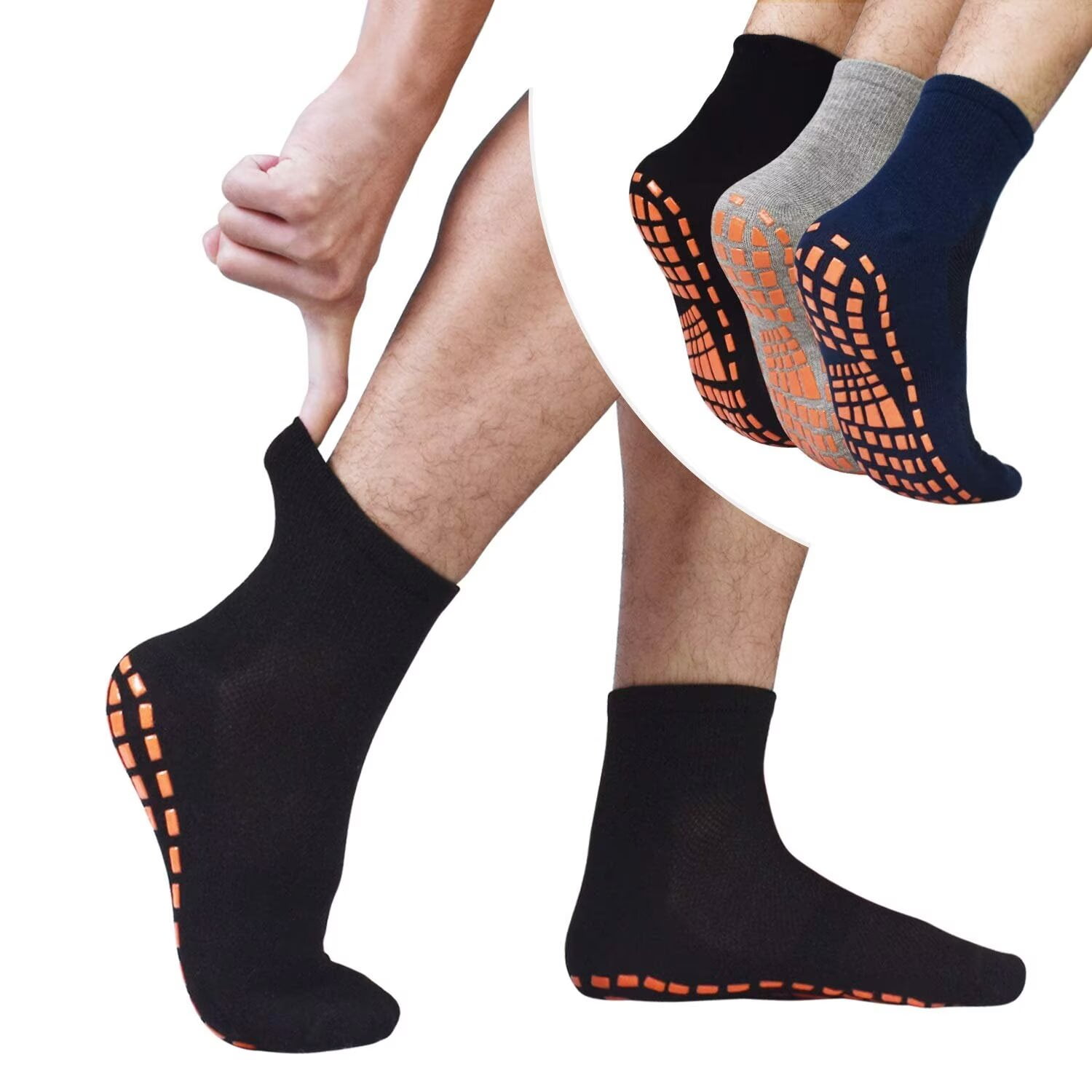Non Slip Socks for Men House Socks with Grips 3 Pairs Anti-Skid Yoga Pilates Tile Wood Floors Hospital Slipper Socks
